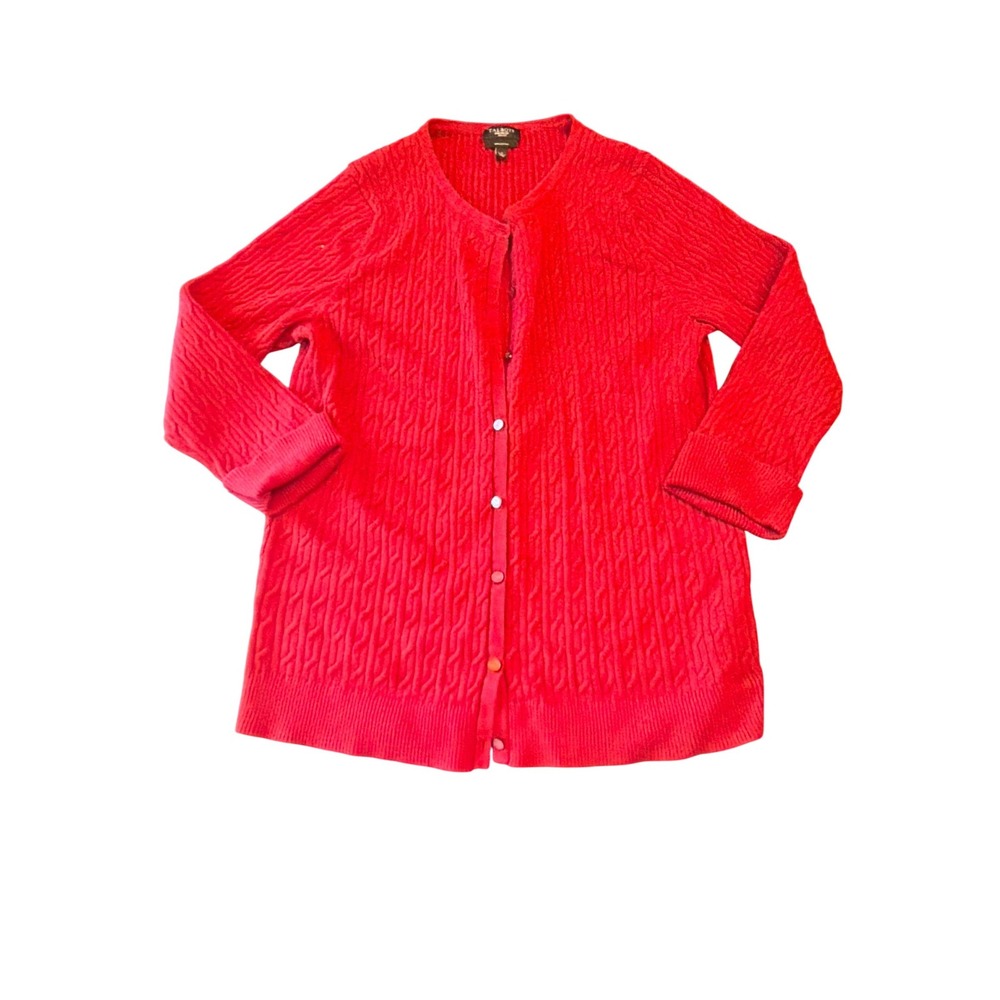 Talbots Cardigan Red Pima Cotton Cable Knit Button Front Petite Large Sweater